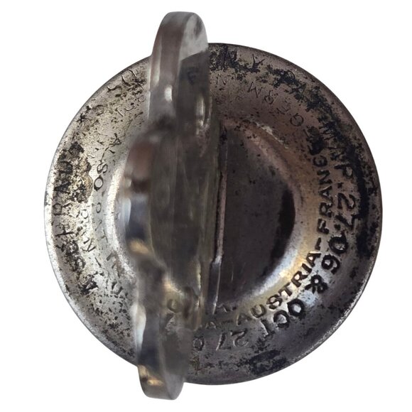 Vintage Fleur De Lis Metal Bottle Stopper Canteen Water Bag Cap Antique Schrader - Picture 14 of 16